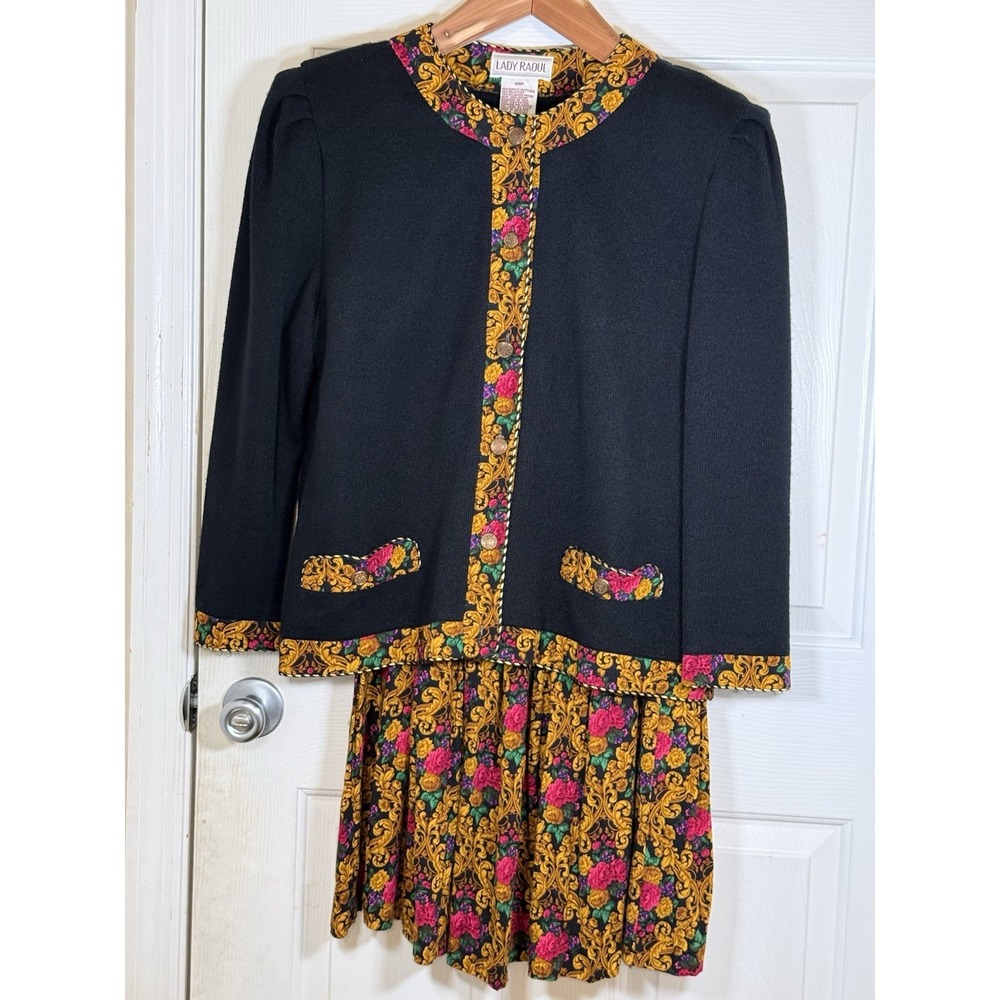 Vtg Lady Raoul 2 Piece Bright Colorful Floral Sweater Skirt Set 14WP Shoulderpad